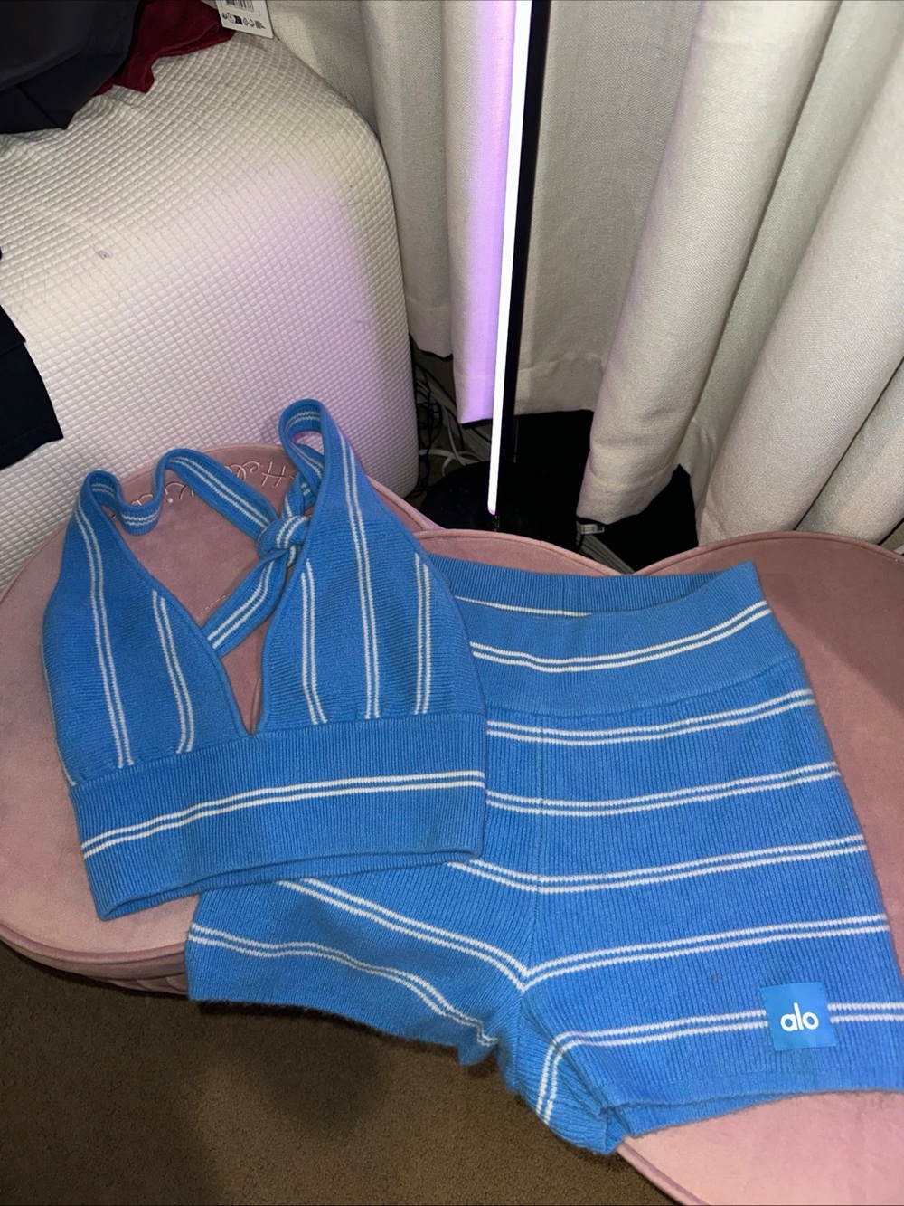 Alo Yoga 2 Piece Set Cashmere Mini Stripe       In Azure Blue Size Medium